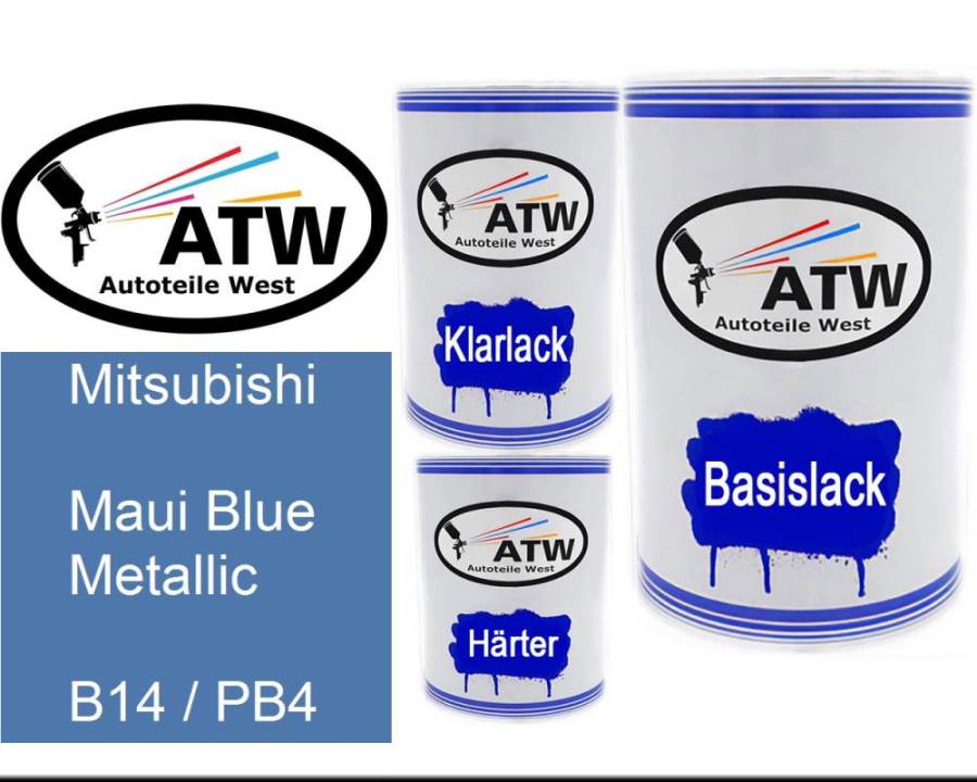 Mitsubishi, Maui Blue Metallic, B14 / PB4: 500ml Lackdose + 500ml Klarlack + 250ml Härter - Set, von ATW Autoteile West.